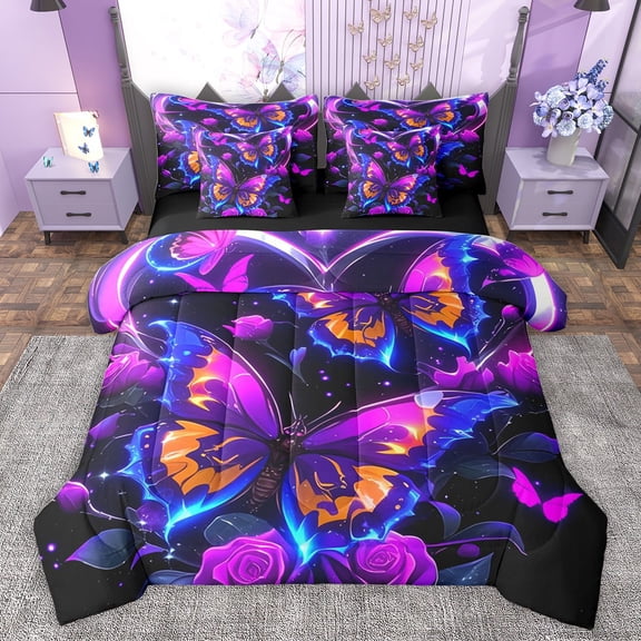 Castle Fairy Flying Butterflies Bedding Comforter Set 7 Pieces for Female Men,Chic Floral Rose Full Bedding Set Lightweight,Starry Sky Fitted Sheet Flat Sheet,Luxury Bedroom Decor,Reversible