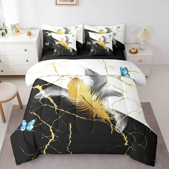 Castle Fairy Flying Butterflies Bedding Comforter Set,Abstract Feather Queen Bedding Sets