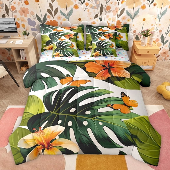 Castle Fairy Flying Butterflies Boy Girl Bedding Comforter Set 7 Pieces,Chic Floral Flowers Full Bedding Set Lightweight,Tropical Plants Fitted Sheet Flat Sheet,Lightweight Room Decor,Reversible