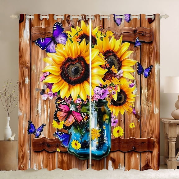 Castle Fairy Flying Butterflies Curtains Pack of 2 (42x84 Each) for Boys Girls,Rustic Yellow Sunflowers Curtains Blackout,Old Barn Door Bedroom Curtains,Lightweight Room Decor