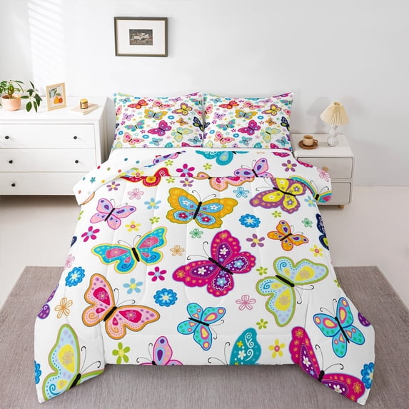 Castle Fairy Flying Butterflies Full Size Comforter Sets 3-Piece for Female Men,Chic Floral Flowers Bedding Comforter Set,Spring Garden Lightweight Bedding Sets,Luxury Bedroom Decor,Reversible