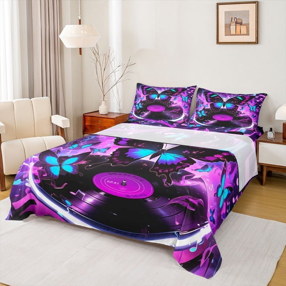 Castle Fairy Flying Butterflies Girl 4pcs Bed Sheets,Musical Vinyl Record King Sheets,Abstract Gradient Super Cozy Sheet Set,Breathable Home Decor