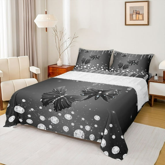 Castle Fairy Flying Butterflies Girl Boy 4 Pieces Queen Sheet Sets,Bling Crystal Glitter Ultra Soft Flat Sheet,Dreamy Princess Queen Fitted Sheet,Lightweight Room Decor