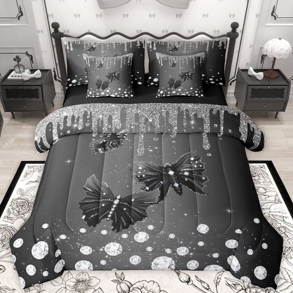 Castle Fairy Flying Butterflies Girl Boy Bedding Comforter Set 7-Piece,Bling Crystal Glitter King Bedding Sets,Dreamy Princess Ultra Soft Bed Sheets,Lightweight Room Decor,Reversible