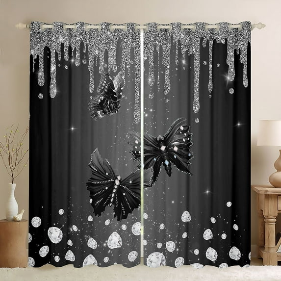 Castle Fairy Flying Butterflies Girl Boy Blackout Curtains Set of 2 (52x84 Each),Bling Crystal Glitter Window Curtains,Dreamy Princess Curtains and Drapes,Lightweight Room Decor