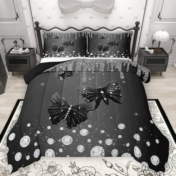 Castle Fairy Flying Butterflies Girl Boy Full Size Comforter Sets 3-Piece,Bling Crystal Glitter Bedding Comforter Set,Dreamy Princess Lightweight Bedding Sets,Lightweight Room Decor,Reversible