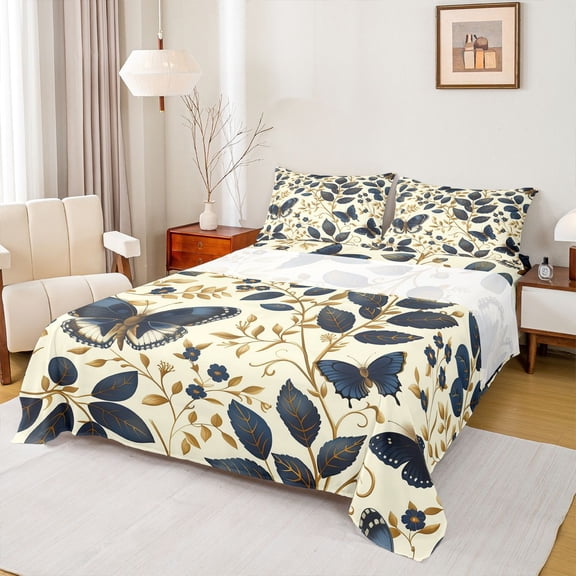 Castle Fairy Flying Butterflies Twin Sheet Sets for Teens,Vintage Tree Leaves Bedding