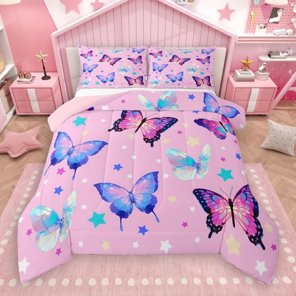 Castle Fairy Flying Butterfly 2Pcs Bedding Comforter Set for Teens Girls Boys Children,Stars Print Twin Comforter Sets,Dreamy Princess Breathable Bedding Set,Lightweight Room Decor