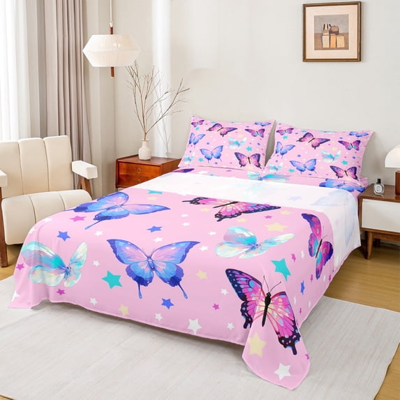 Castle Fairy Flying Butterfly 3Pcs Twin Sheet Sets for Teens Girls Boys Children,Stars Print Twin Fitted Sheet,Dreamy Princess Breathable Flat Sheet,Lightweight Room Decor