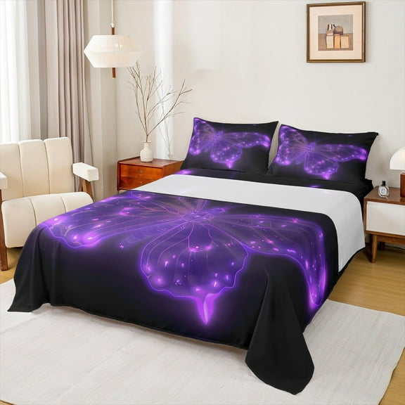 Castle Fairy Flying Butterfly 3pcs Twin Sheet Sets,Black Purple Twin Fitted Sheet,Neon Gradient Breathable Flat Sheet,Ultra Soft Animal Home Decor
