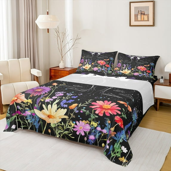 Castle Fairy Flying Butterfly 4 Pieces Queen Sheet Sets,Starry Sky Ultra Soft Flat Sheet,Colorful Flowers Queen Fitted Sheet,Breathable Floral Home Decor