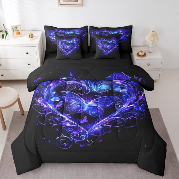 Castle Fairy Flying Butterfly 7-Piece Twin Bedding Sets for Boys Girls Children,Black Blue Bedding Comforter Set,Love Heart Print Breathable Sheet Sets,Luxury Bedroom Decor