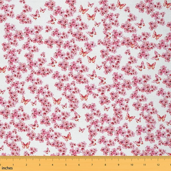 Castle Fairy Flying Butterfly Fabric by the Yard 1 Yard,Cherry Blossom Home Decor Fabric by the Yard,Chic Flower Room Decor Fabric by the Yard,Microfiber Bedroom Decor