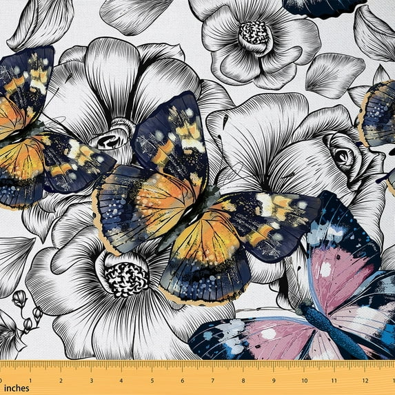 Castle Fairy Flying Butterfly Fabric by the Yard 1 Yard,Floral Animal Home Decor Fabric by the Yard,Chic Flower Room Decor Fabric by the Yard,Microfiber Teenager Bedroom Decor
