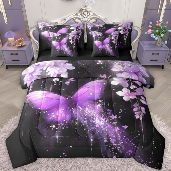 Castle Fairy Flying Butterfly Girl Boy Bedding Comforter Set 7 Pieces,Chic Purple Flowers Full Bedding Set Lightweight,Dreamy Princess Fitted Sheet Flat Sheet,Lightweight Room Decor,Reversible