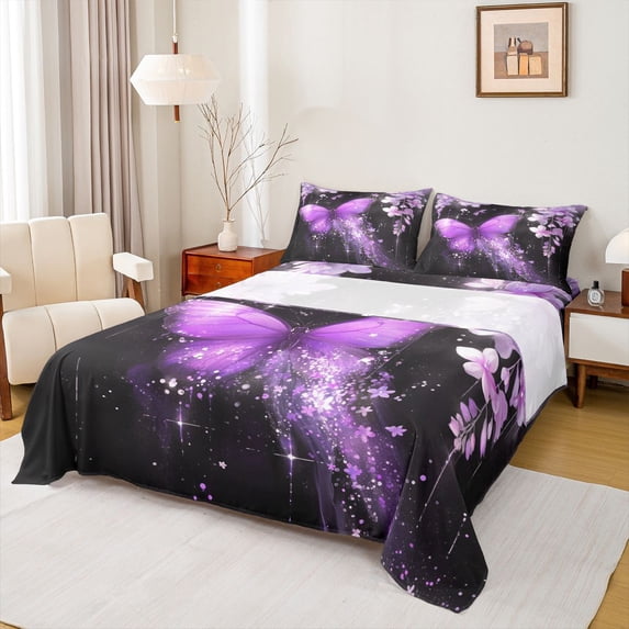 Castle Fairy Flying Butterfly Girl Boy Twin Sheet Sets 3pcs,Chic Purple Flowers Twin Fitted Sheet Microfiber,Dreamy Princess Breathable Flat Sheet,Lightweight Room Decor