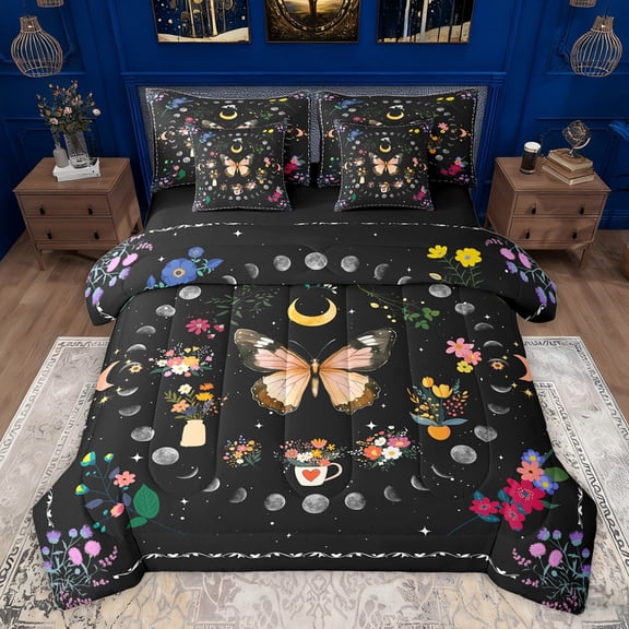 Castle Fairy Flying Butterfly Twin Bedding Sets 7-Piece for Female Men Women,Universe Galaxy Bedding Comforter Set Microfiber,Boho Floral Flowers Breathable Sheet Sets,Ultra Soft Home Decor