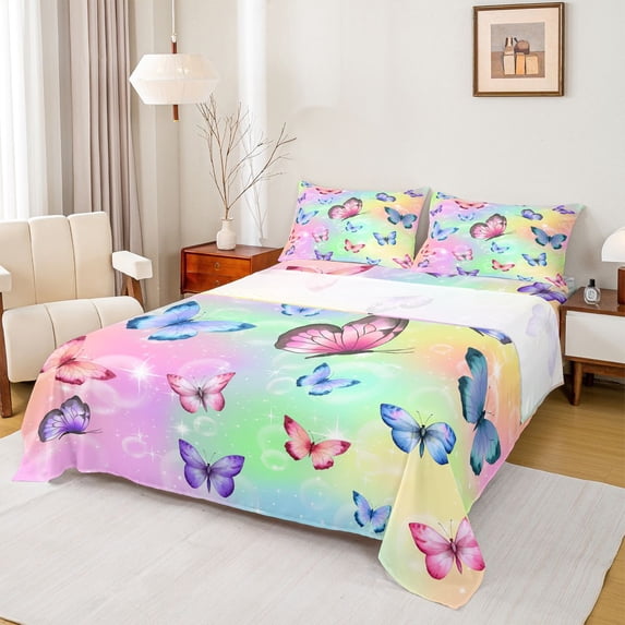 Castle Fairy Flying Butterfly Twin Sheet Sets for Kids Teens,Gradient Ombre Bedding
