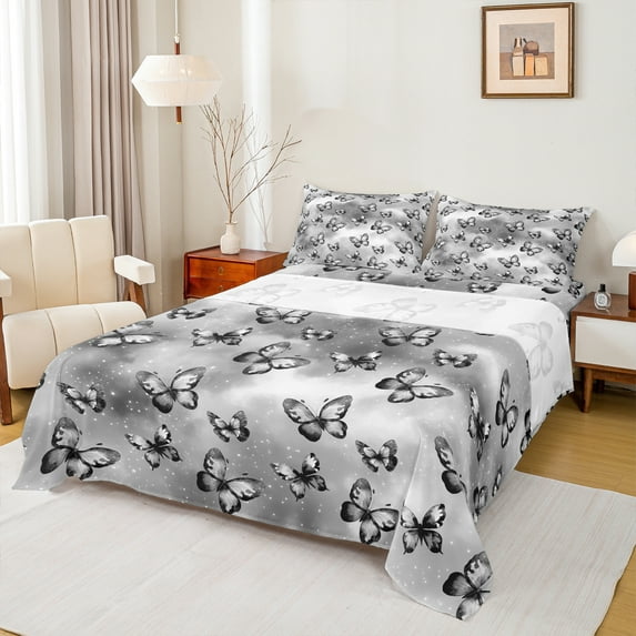 Castle Fairy Flying Butterlies 4Pcs Bed Sheets for Teenager Boy Girl,Black Grey King Sheets,Abstract Gradient Super Cozy Sheet Set,Super Cozy Room Decor