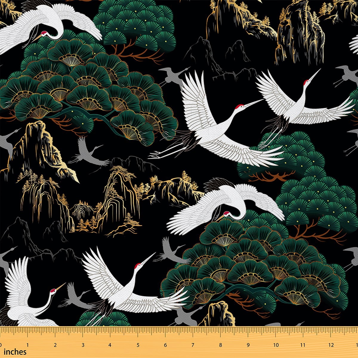 Castle Fairy Flying Crane Bird Fabric by the Yard 1 Yard, Japanese Style Room Decor Fabric by the Yard, Mountain Tree Leaf Fabric for Sewing, Lightweight Room Decor