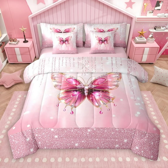Castle Fairy Flying Crystal Butterfly 7Pcs Bedding Comforter Set for Teens Women Men,Abstract Splash Queen Bedding Sets Super Cozy,Bling Glitter Queen Sheet Sets,Super Cozy Room Decor