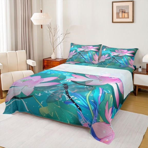 Castle Fairy Flying Dragonfly Girl 4pcs Bed Sheets,Nature Floral Lotus King Sheets,Chic Flowers Blossoms Super Cozy Sheet Set,Luxury Bedroom Decor