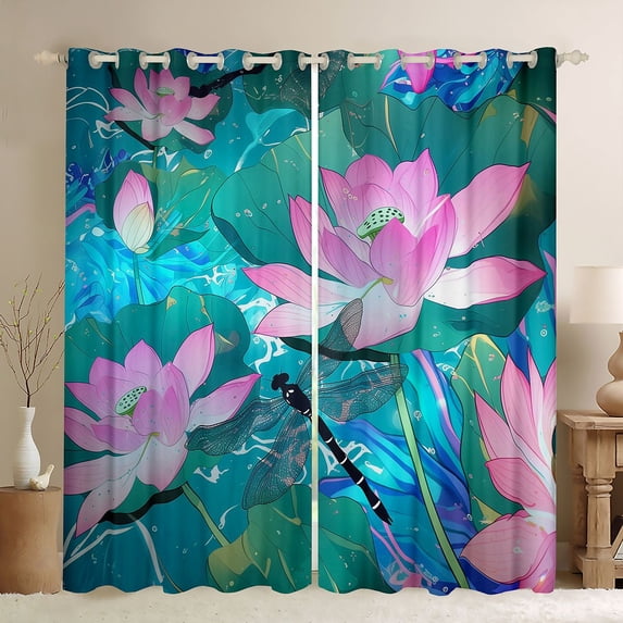 Castle Fairy Flying Dragonfly Girl Curtains Pack of 2 (42x84 Each),Nature Floral Lotus Curtains Blackout,Chic Flowers Blossoms Bedroom Curtains,Luxury Bedroom Decor