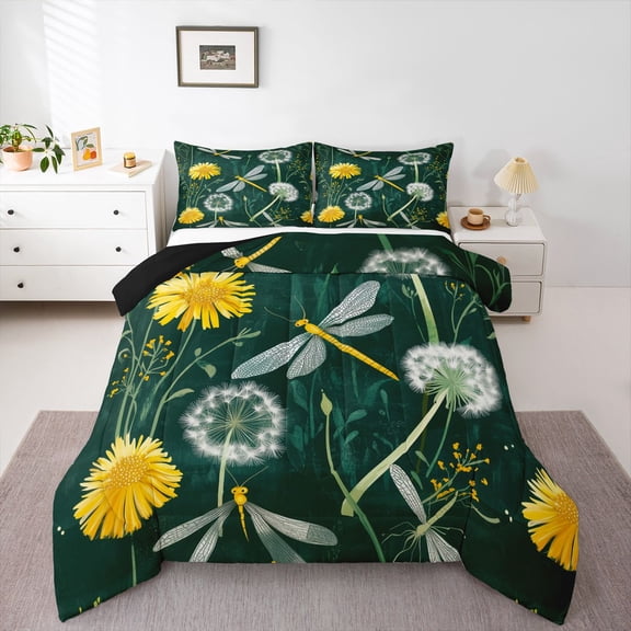 Castle Fairy Flying Dragonfly Queen Comforter Set,Chic Floral Daisy Bedding Comforter Set