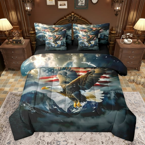 Castle Fairy Flying Eagle Bedding Comforter Set 7pcs for Kids Teens,Abstract Vintage US Flag Queen Bedding Sets Super Cozy,Smooky Mountain Queen Sheet Sets,Breathable Home Decor,Reversible