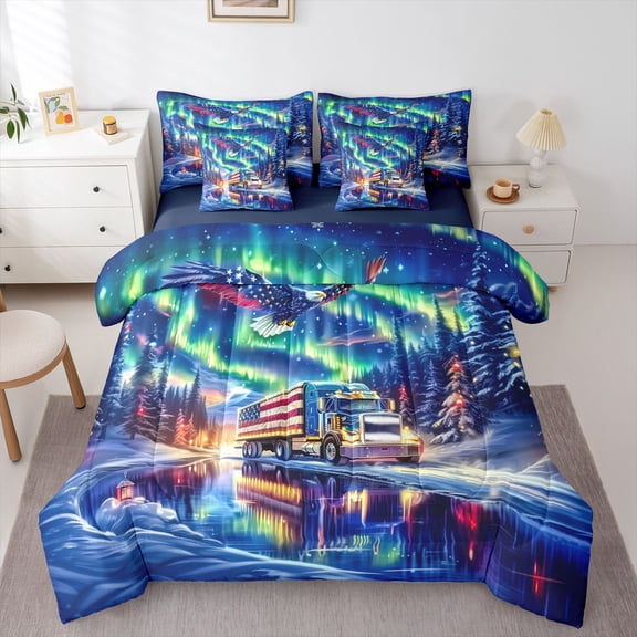 Castle Fairy Flying Eagle Twin Bedding Sets 7-Piece for Kids Teens,Abstract US Flag Truck Bedding Comforter Set Microfiber,Gradient Jungle Aurora Scenery Breathable Sheet Sets,Breathable Home Decor