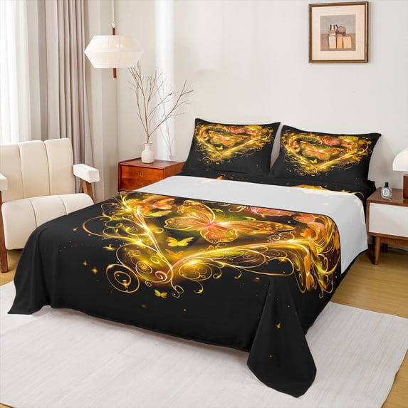 Castle Fairy Flying Golden Butterfly 3Pcs Twin Sheet Sets for Teens Women Girls,Love Heart Print Twin Fitted Sheet,Romantic Vintage Breathable Flat Sheet,Breathable Home Decor