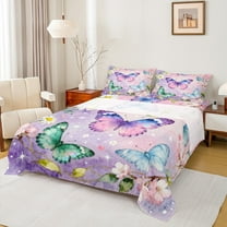 Castle Fairy Flying Gradient Butterflies 3Pcs Twin Sheet Sets,Abstract Ombre Watercolor Twin Fitted Sheet,Dreamy Princess Breathable Flat Sheet,Luxury Bedroom Decor