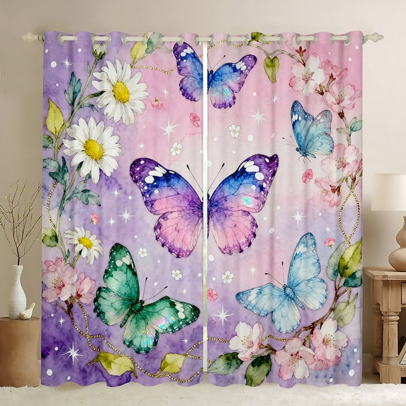 Castle Fairy Flying Gradient Butterflies Black Out Curtains,Abstract Ombre Watercolor Curtains Pack Of 2 (42X63 Each),Dreamy Princess Bedroom Curtains,Luxury Bedroom Decor