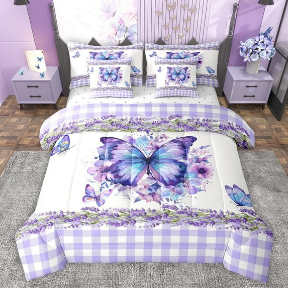 Castle Fairy Flying Gradient Butterflies Girl Bedding Comforter Set 7-Piece,Geometric Plaid Grid King Bedding Sets,Purple Floral Flowers Ultra Soft Bed Sheets,Breathable Home Decor,Reversible