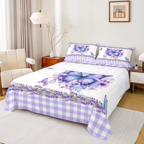 Castle Fairy Flying Gradient Butterflies Girl Twin Sheet Sets 3pcs,Geometric Plaid Grid Twin Fitted Sheet Microfiber,Purple Floral Flowers Breathable Flat Sheet,Breathable Home Decor