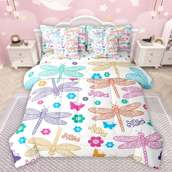 Castle Fairy Flying Gragonflies Bedding Comforter Set 7pcs for Kids Children,Groovy Flowers Queen Bedding Sets Super Cozy,Vintage Aesthetic Queen Sheet Sets,Lightweight Room Decor,Reversible