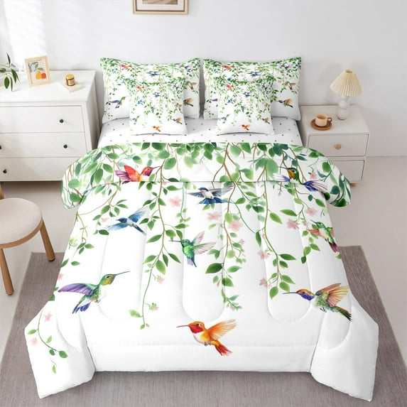 Castle Fairy Flying Hummingbird 7-Piece Twin Bedding Sets,Tree Leaves Bedding Comforter Set,Floral Animal Breathable Sheet Sets,Microfiber Botanical Bedroom Decor,Reversible