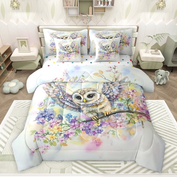 Castle Fairy Flying Owl Bedding Comforter Set,Colorful Flowers King Bedding Sets