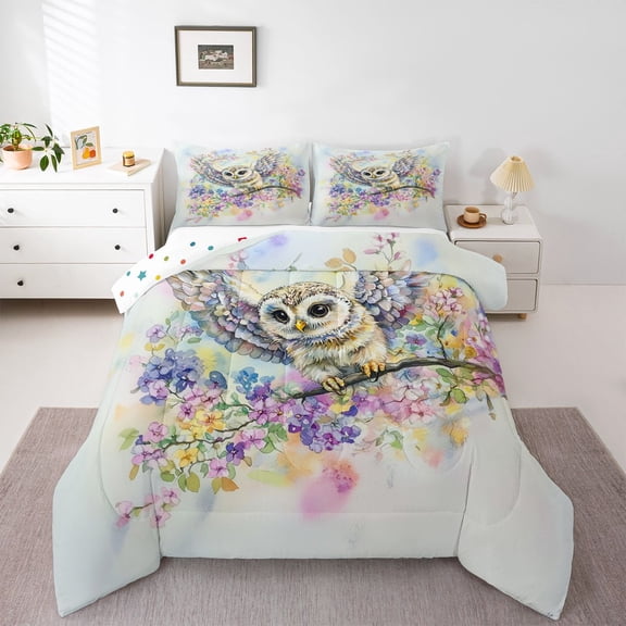Castle Fairy Flying Owl Twin Comforter Sets for Kids Children,Colorful Flowers Bedding Set
