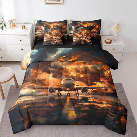 Castle Fairy Flying Plane Bedding Comforter Set,Transportation Theme Queen Bedding Sets