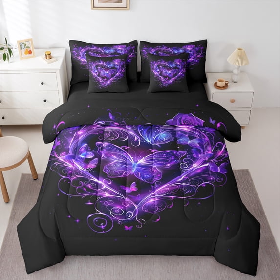 Castle Fairy Flying Purple Butterfly 7-Piece Bedding Comforter Set for Teens Women Girls,Love Heart Print King Bedding Sets,Romantic Vintage Ultra Soft Bed Sheets,Breathable Home Decor