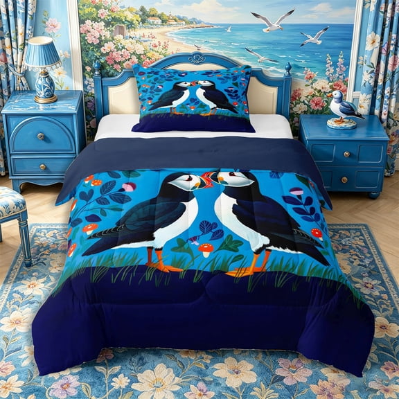 Castle Fairy Folk Art Puffin Floral Print Twin Comforter Sets 2pcs,Two Seabird Mushroom Leaf Deep Blue Layout Bedding Set,Rust Navy,Navy Blue Reversible,1 Comforter and 1 Pillowcase