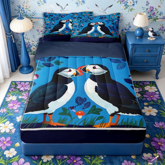 Castle Fairy Folk Art Puffin Floral Print Zipper Twin Comforter Sets with Fitted Sheet and 2 Pillowcases,Two Seabird Mushroom Leaf Deep Blue Layout Zipper Bedding Set,Rust Navy,Reversible,4-Piece
