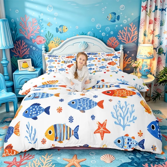 Castle Fairy Folk Art Tropical Fish Duvet Cover Queen,Seashell Coral White Background Tile Queen Bedding,Red Navy,Reversible,3-Piece,No Comforter,1 Duvet Cover and 2 Pillowcases