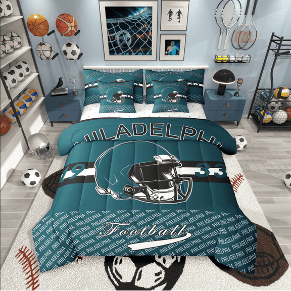 Castle Fairy Football City 7-Piece Twin Bedding Sets for Teens,Sport Theme Bedding Comforter Set,Black Green Breathable Sheet Sets,Ultra Soft Home Decor