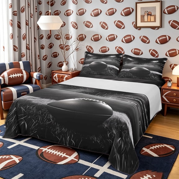 Castle Fairy Football Print Bed Sheets 4-Piece, Sport Theme Full Size Sheets, Black White Gray,1 Fitted Sheet, 1 Flat Sheet and 2 Pillowcases