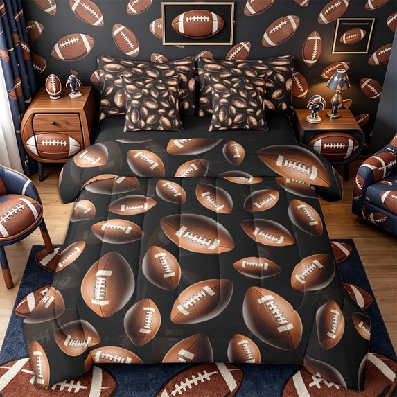 Castle Fairy Football Print Full Size Bedding Sets 7 Pieces, Ball Gamer Full Size Bed in a Bag, Black Brown White,Black Reversible