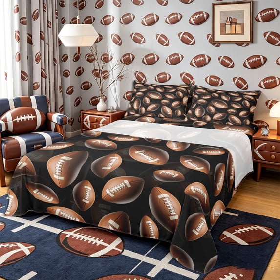 Castle Fairy Football Print King Sheets 4pcs, Ball Gamer Bedding, Black Brown White,1 Fitted Sheet, 1 Flat Sheet and 2 Pillowcases