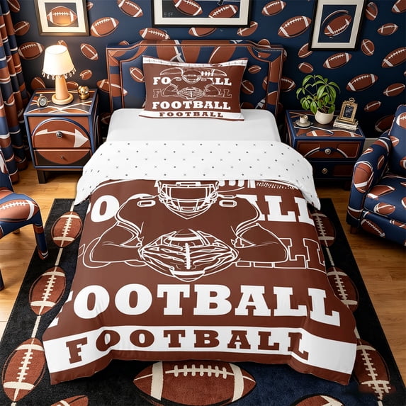 Castle Fairy Football Print Twin Duvet Cover,Sport Theme Twin Bedding,Brown White,2pcs,1 Duvet Cover and 1 Pillowcase
