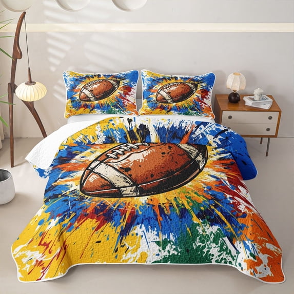 Castle Fairy Football Print Twin Quilt Set,Hippie Splash Twin Coverlet Set,White Blue Orange